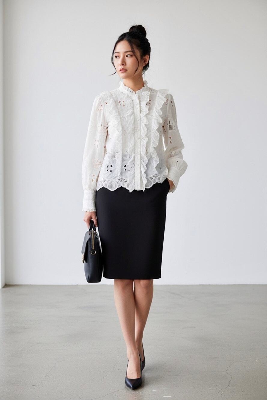 Alexis Embroidered Eyelet Ruffle  Button-Down Blouse White Size L NWOT